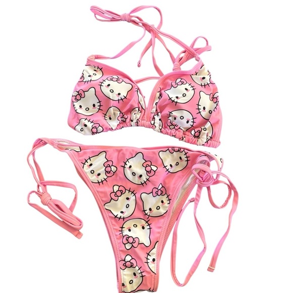Boutique Hello Kitty 2PC Triangle Bikini Swimsuit Sz. XL JR Pink White Tied Hip - Picture 1 of 7